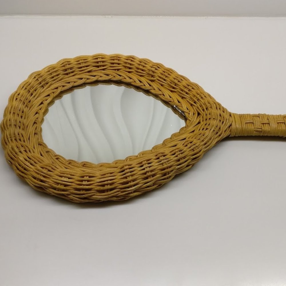 Vintage Wicker Dresser Vanity Hand Held Mirror Wall Hanging 14.5" x 8.5"